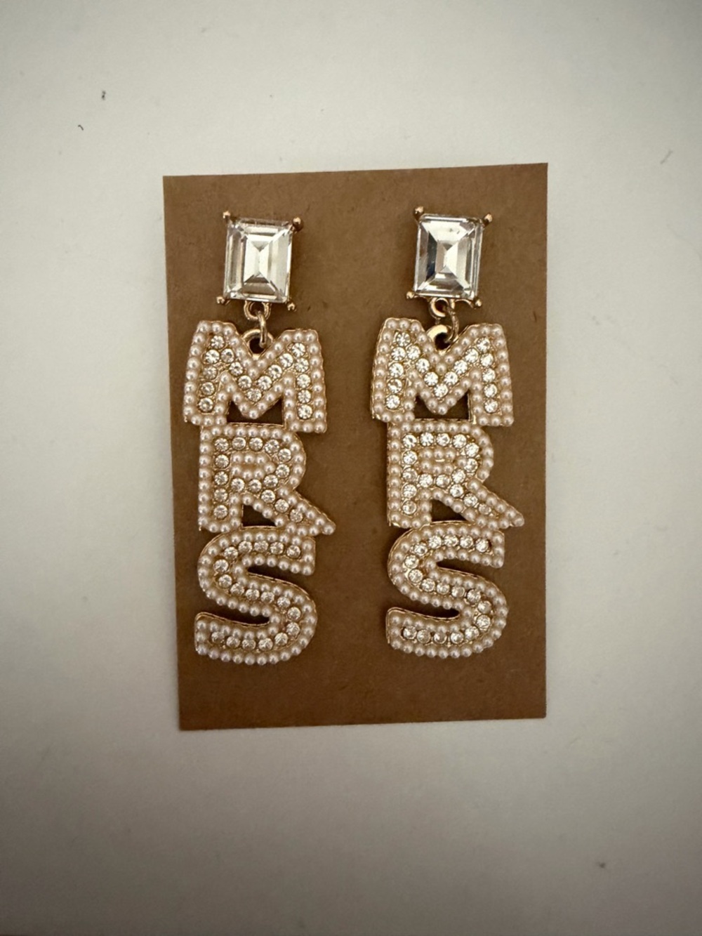 Pearl-Embellished 'MRS' Drop Earrings in Gold